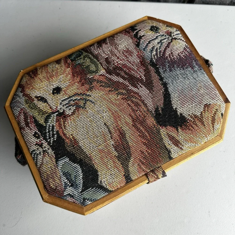 Vintage Cat Tapestry Sewing Basket Wood Frame & Handle Cottage Granny Whimsical